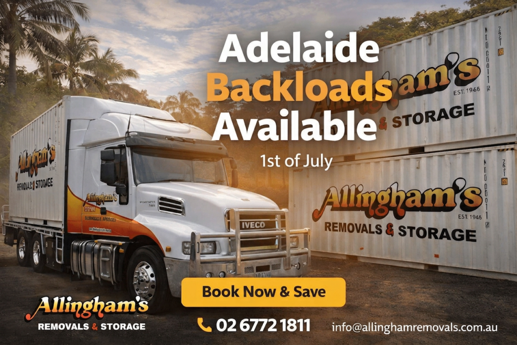 Allingham’s Removals truck with Adelaide backload promotion for 1st of July, featuring branded shipping containers at sunset.