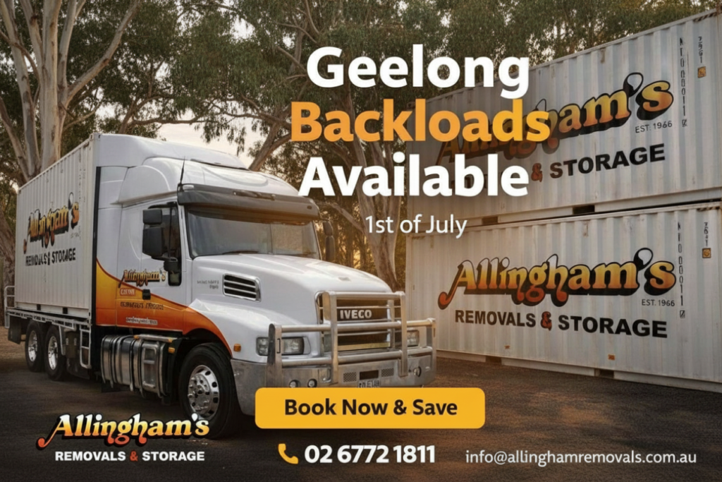 Geelong Backload – 1st July Gumtree Promo Allingham’s Removals truck and container promoting Geelong backloads for 1st July, with gumtrees in the background.